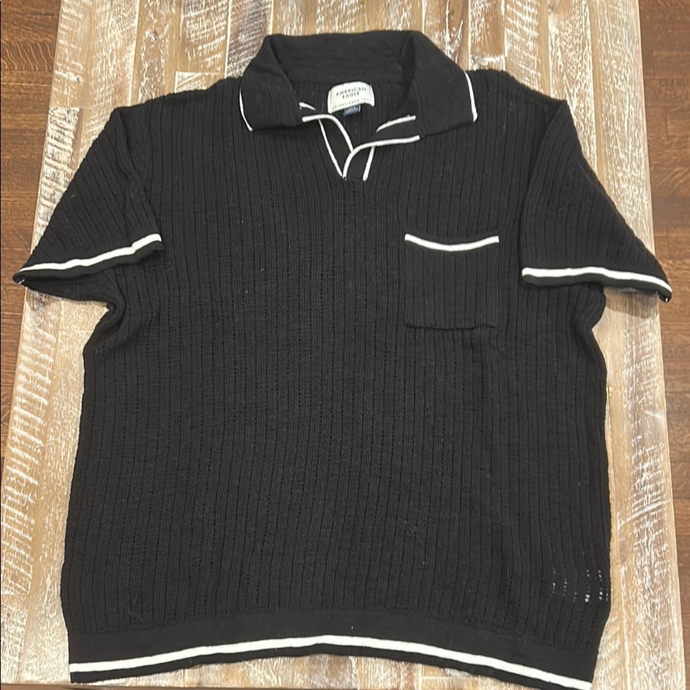 Black Short Sleeve crochet Polo Shirt